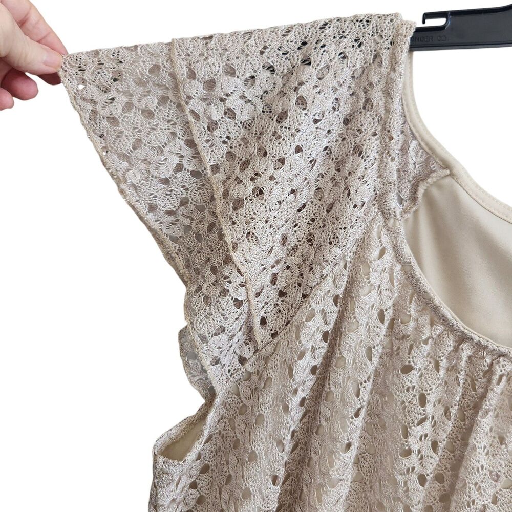 Roz & Ali-2X-Boho-Beige-Crochet Knit Top-Layered Flutter Sleeve-Coastal Grandma - Picture 3 of 10